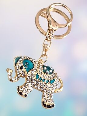 Jeweled Elephant Bag Charm / Keychain with Teal Enamel Accents